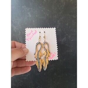 Painted Wooden Dangling Salamander Earrings Vintage Costume Jewelry NOS